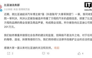 比亚迪：“大秦军陕团”编造方程豹汽车虚假信息，被判赔201万元